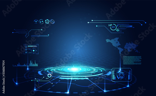 abstract technology ui futuristic concept hud interface hologram elements of digital data chart, communication, computing and circle percent vitality innovation on hi tech future design background
