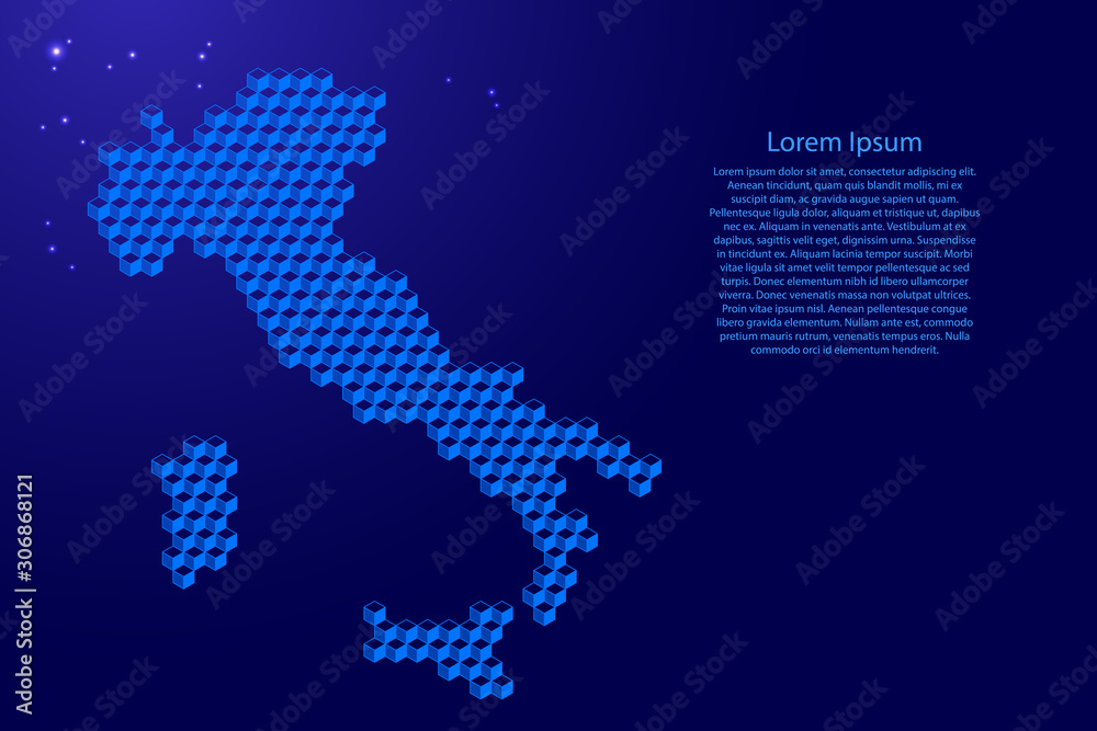 Fototapeta premium Italy map from 3D blue cubes isometric abstract concept, square pattern, angular geometric shape, glowing stars. Vector illustration.
