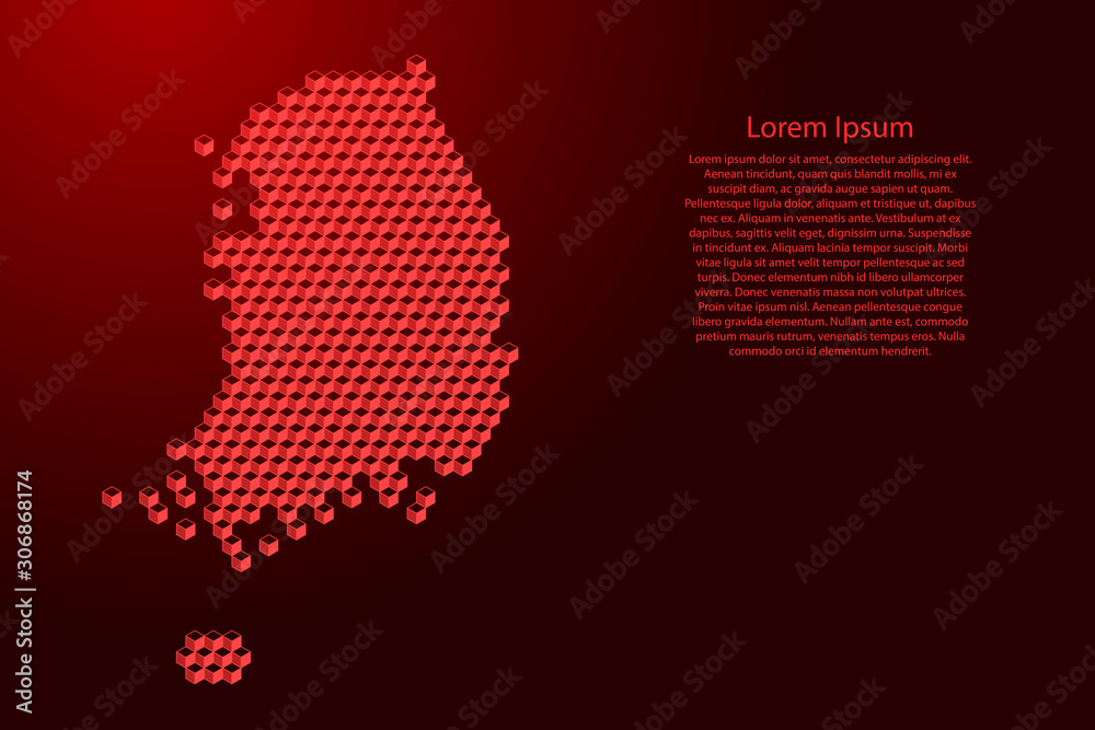 South Korea map from 3D red cubes isometric abstract concept, square pattern, angular geometric shape, for banner, poster. Vector illustration.