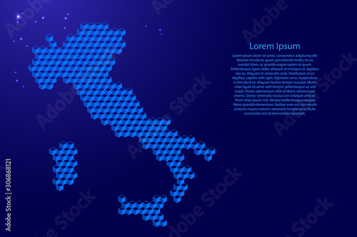 Italy map from 3D blue cubes isometric abstract concept, square pattern, angular geometric shape, glowing stars. Vector illustration.