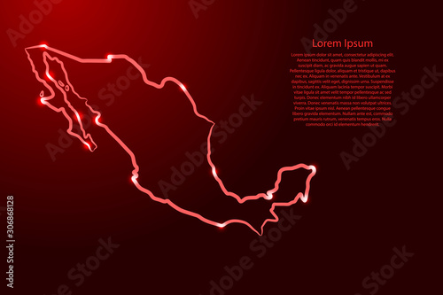 Mexico map from the contour red brush lines different thickness and glowing stars on dark background. Vector illustration.