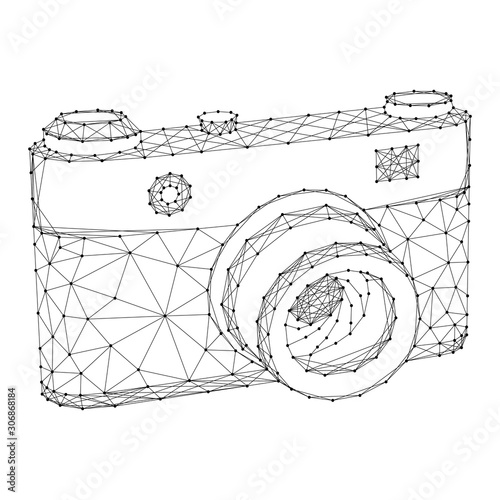 Photo camera from abstract futuristic polygonal black lines and dots. Vector illustration.