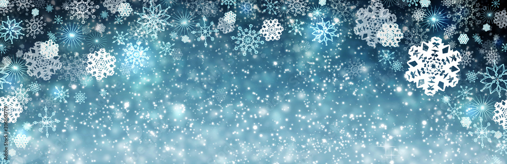Blue christmas background with snowflakes. Winter background.