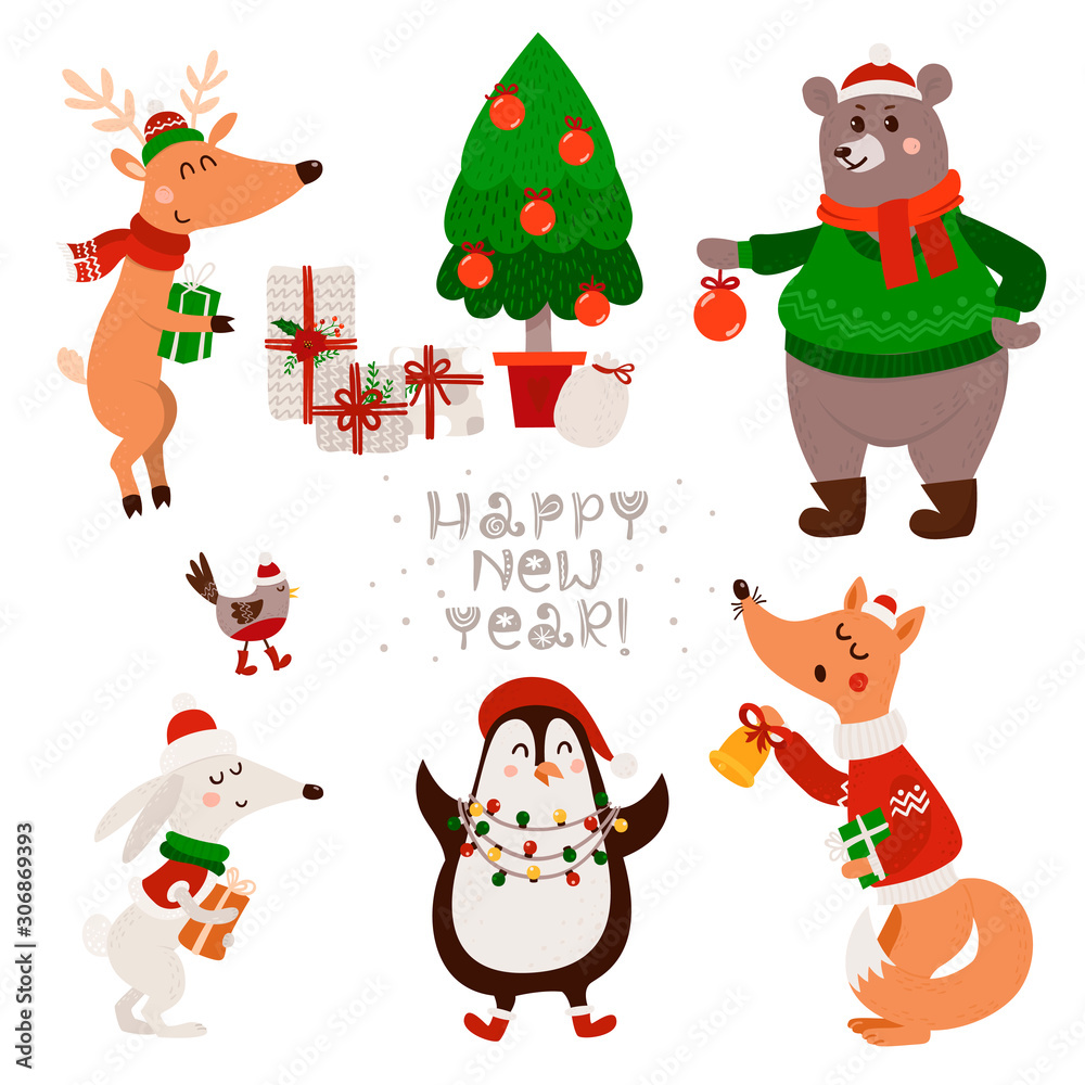 Christmas set with isolated cute forest animals Christmas set with isolated cute forest animals