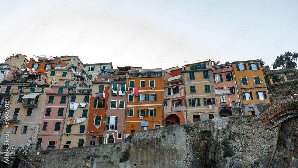 View of the beautiful colorful buildings in Chinque Terre, Italy. Cinque Terre old seaside villages on the rugged Italian Riviera coastline