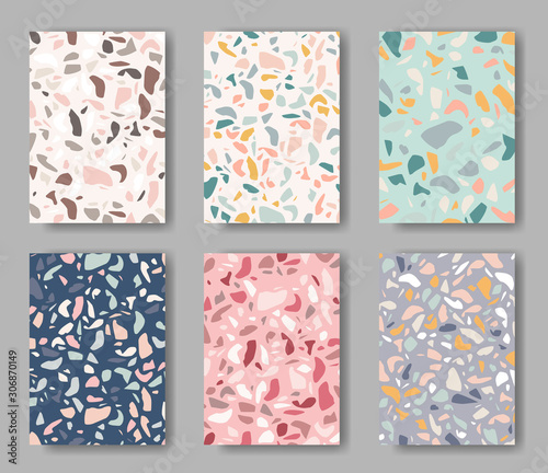 set of six abstract cards with terrazzo ornament in different colors 