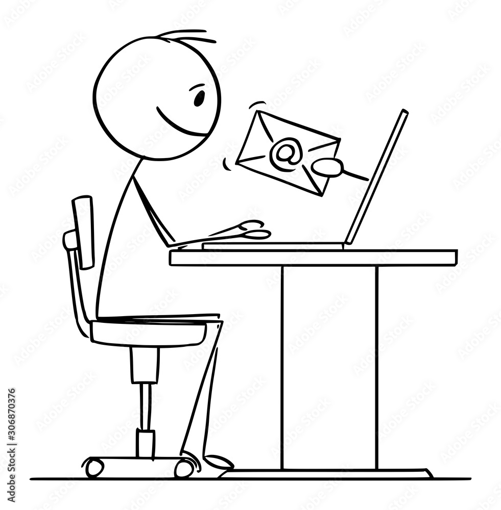 Vector cartoon stick figure drawing conceptual illustration of man or  businessman working on computer and receiving email. Stock Vector | Adobe  Stock