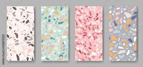set of four abstract vertical banners with terrazzo ornament in different colors 
