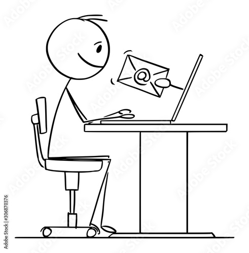 Vector cartoon stick figure drawing conceptual illustration of man or businessman working on computer and receiving email.