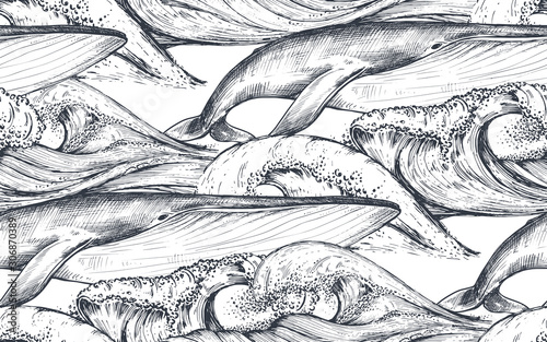 Vector monochrome seamless pattern with ocean waves and whales in sketch style.