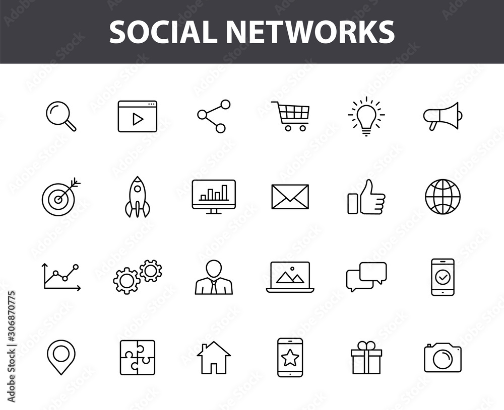 Set of 24 Social Networks web icons in line style. Marketing, feedback, management, target, like, content. Vector illustration.