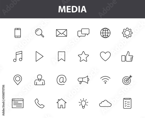 Set of 24 Media web icons in line style. Social, networks, feedback, communication, marketing, thumb up. Vector illustration.