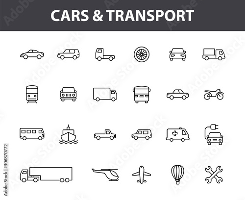 Set of 24 Cars and transport web icons in line style. Airplane, bus, parking, travel, train, comfortable. Vector illustration.