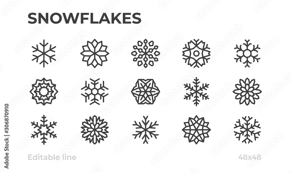 Vector snowflakes icons for winter, Christmas and New Year decoration. Editable stroke.