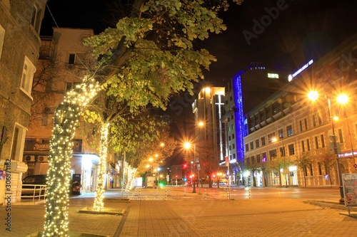 Christmas decorations on the street night Varna  Bulgaria 