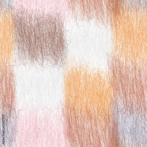 Seamless checkered pattern with grunge weave square elements in pastel brown, orange, pink, white colors