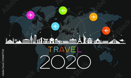 2020 travel and tourism background. Colorful template with icons and tourism landmarks. Creative happy new year 2020 design. New Year background.  File is saved in 10 EPS version.