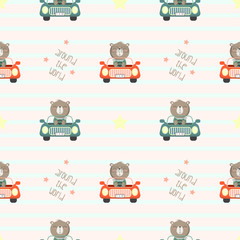 Papier peint photo Animaux en transport patrons Seamless Patter with cute bear driving a car in the white backdrop  © Maryam Hamila