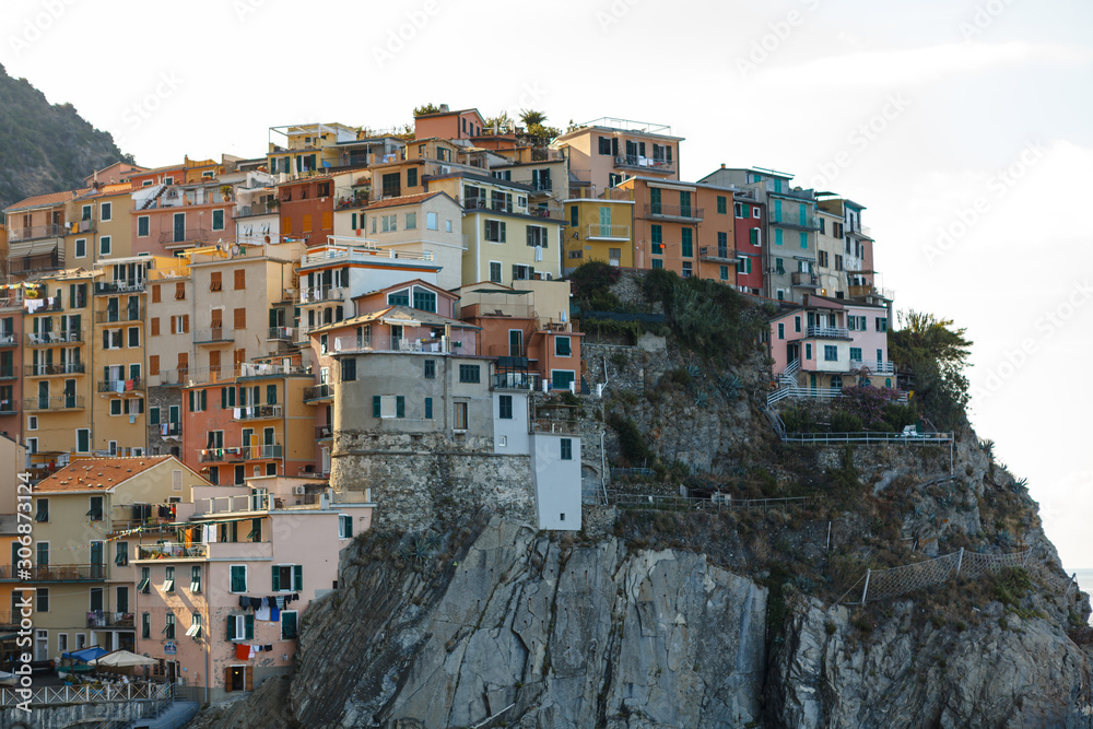 Obraz premium View of the beautiful colorful buildings in Chinque Terre, Italy. Cinque Terre old seaside villages on the rugged Italian Riviera coastline