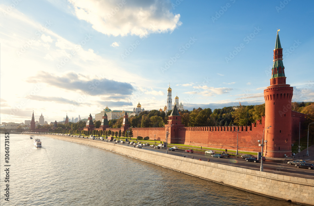 View of the Russian Kremlin along the Moscow River in Moscow, Russia.