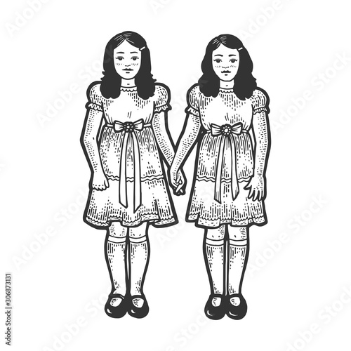 Twins girls like in horror movie sketch engraving vector illustration. T-shirt apparel print design. Scratch board imitation. Black and white hand drawn image.