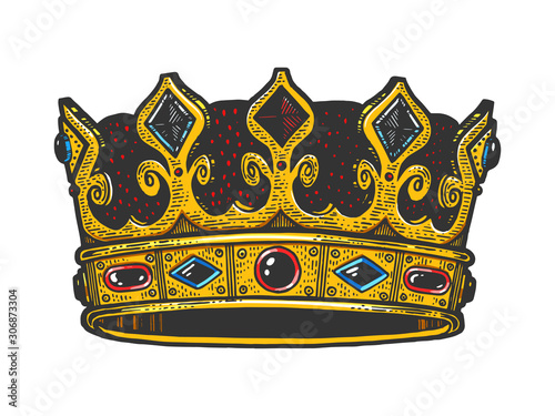 Royal crown sketch engraving vector illustration. T-shirt apparel print design. Scratch board imitation. Black and white hand drawn image.