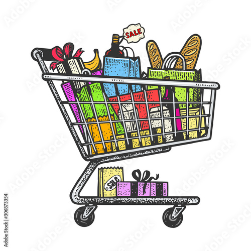 Shopping cart with products sketch engraving vector illustration. T-shirt apparel print design. Scratch board style imitation. Black and white hand drawn image.