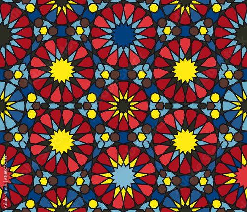 Stained glass window seamless pattern. Repeating islamic geometric ornament. Moroccan motif print. 