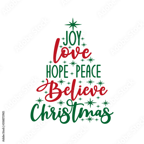 Joy love hope peace believe Christmas - calligraphy text, with stars.. Good for greeting card and  t-shirt print, flyer, poster design, mug.