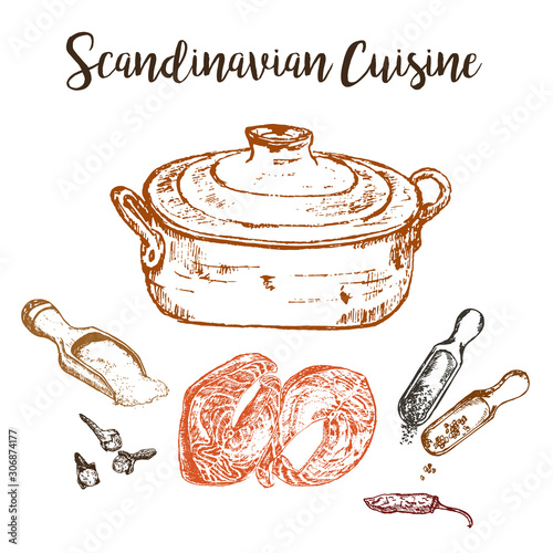 Fish soup sketch and scandinavian cuisine hand drawn vector illustration. Copper pot, salmon fish, spices. Design for scandinavian food restaurant. Taste of Norway.