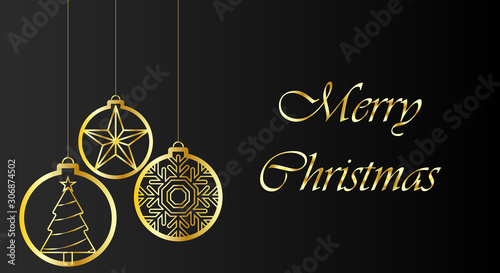Postal de navidad de fondo negro y trazos dorados con bolas de navidad con un pino, una estrella y un copo de nieve.