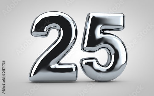 Chrome balloon number 25 isolated on white background.