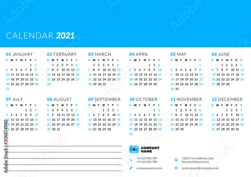 Calendar for 2021 year. Week starts on Sunday. Printable vector stationery design template