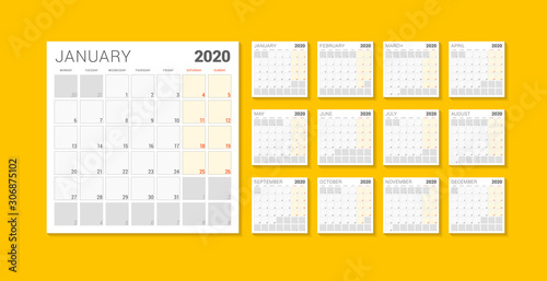 Calendar planner template for 2020 year. Week starts on Monday. Printable vector stationery design template