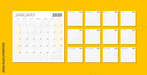 Calendar planner template for 2020 year. Week starts on Sunday. Printable vector stationery design template