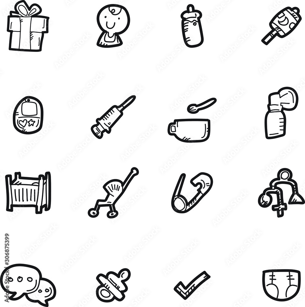 The baby doodle icon set. The baby doodle icon set.