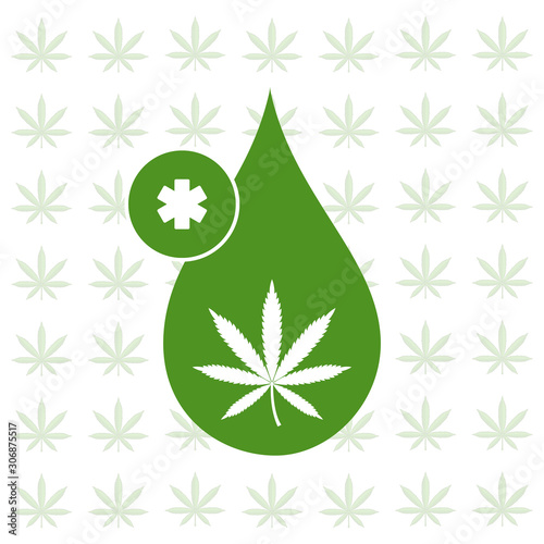 Marijuana leaf. Medical cannabis. Hemp oil. Cannabis extract. Icon product label and logo graphic template. Isolated vector illustration. 