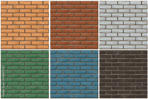 Brick wall seamless background set. Different color brick textures collection. Vector illustration stones wall. Seamless pattern