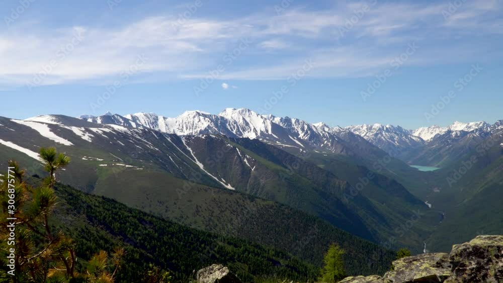 Panorama of a high mountain lake among white snowy peaks of a rock range. The blue sky and the mountain river from the lake flow through the green forest valley. 4k footage.