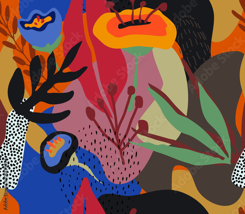 Vector colorful collage contemporary natural seamless pattern. Modern abstract shapes, hand drawn textures and plants.