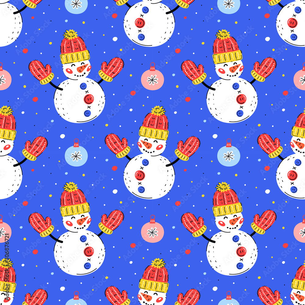 Snowmen with christmas tree toys vector flat hand drawn seamless pattern.  Christmas, New Year background. Paper, fabric print. 