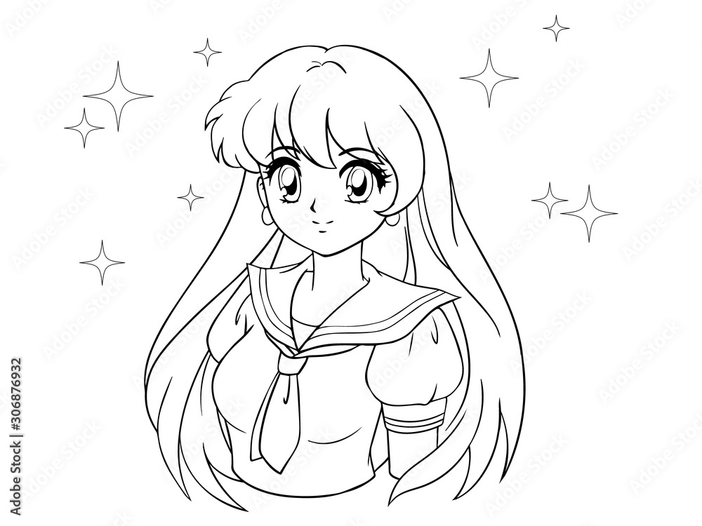 Retro anime girl in japanese school uniform. 90's anime style and manga  hand drawn vector illustration. Contour picture for avatar, coloring book,  mobile games etc. Stock Vector | Adobe Stock