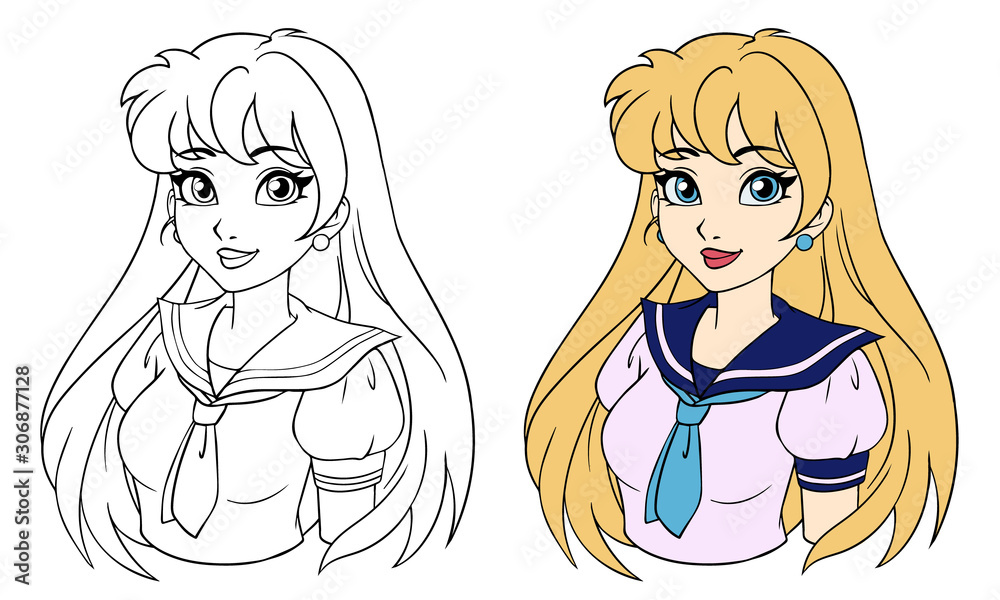 Cartoon girl with blonde hair in japanese school uniform. Hand drawn vector illustration. Contour picture for avatar, coloring book, mobile games etc. Cartoon girl with blonde hair in japanese school uniform. Hand drawn vector illustration. Contour picture for avatar, coloring book, mobile games etc.
