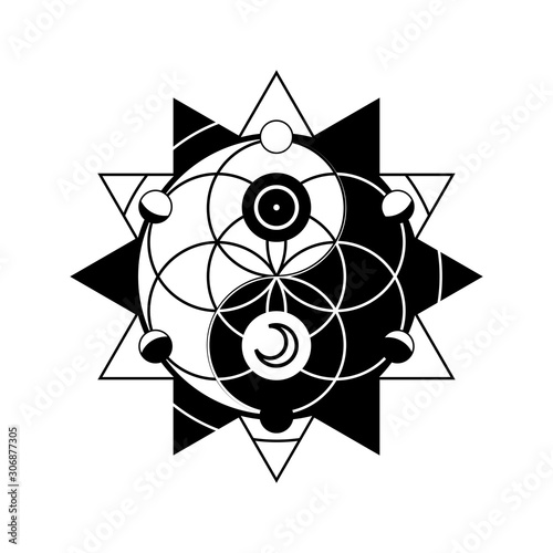 Yin yang with astrological symbols together with flower of life in circle, vector sacred oriental symbol