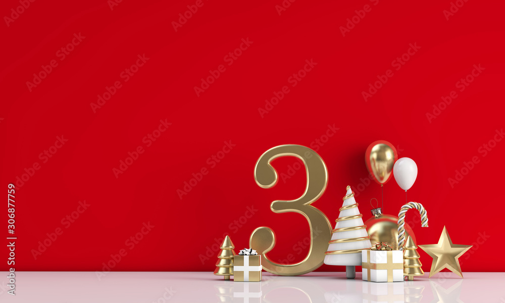 The 12 days of christmas. 3rd day festive background. 3D Render - obrazy, fototapety, plakaty 