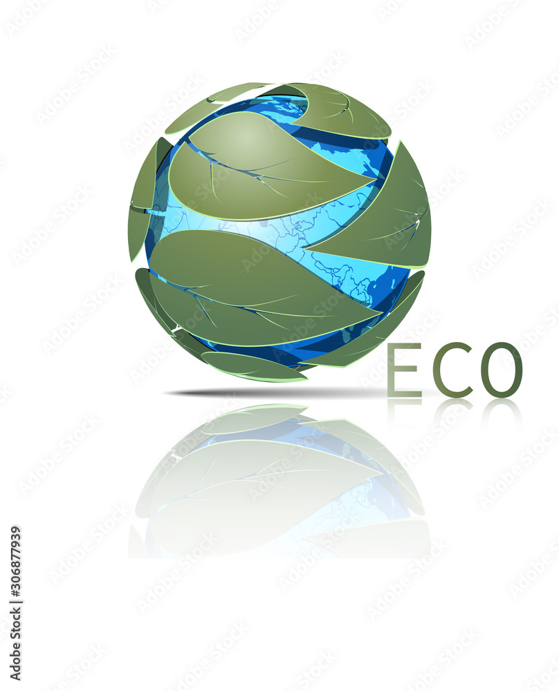 Eco 3D spheres global globe with green leaf. Logo Design. Vector illustration. Eco 3D spheres global globe with green leaf. Logo Design. Vector illustration.