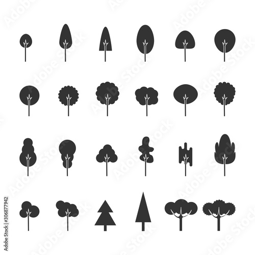 Big black set of trees isolated on white. Vector illustration