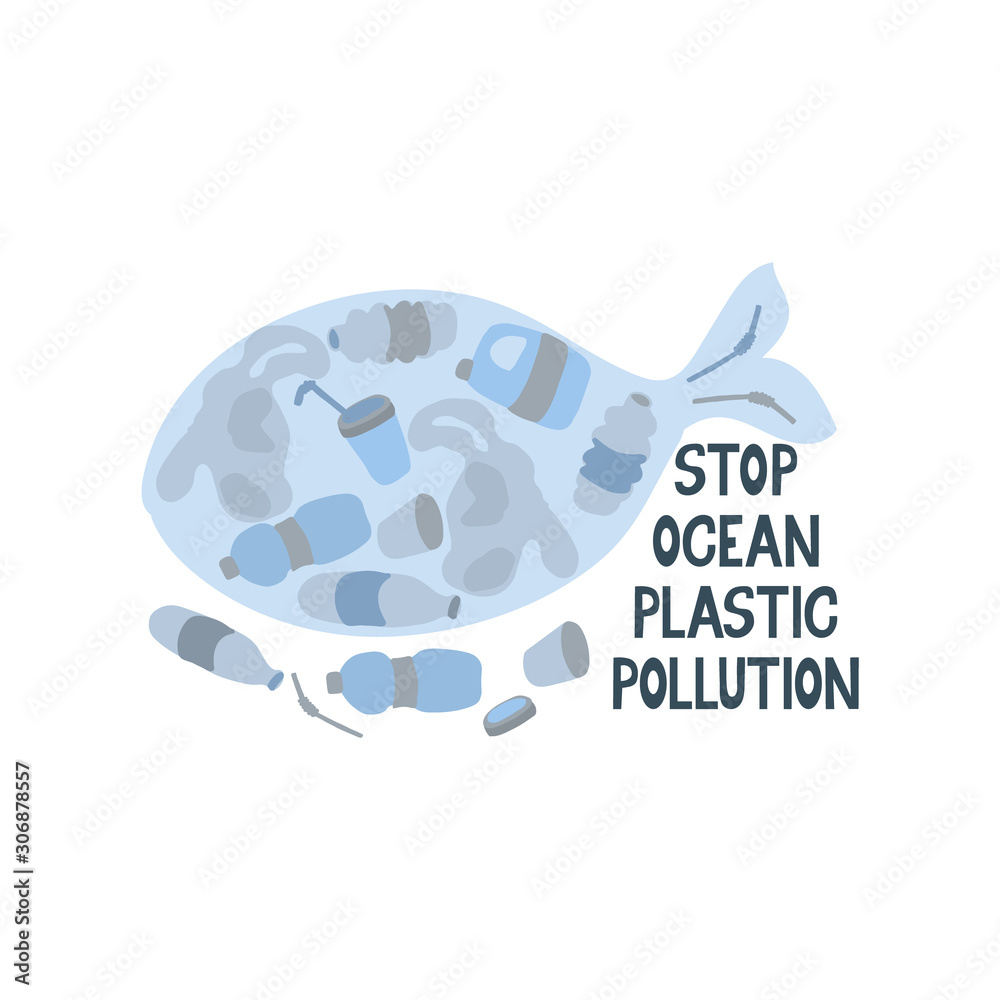 Stop ocean plastic pollution. Lettering and silhouette of whale full of