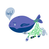 Suffering whale and trash in a dirty ocean. It asks about help. There are plastic and glass bottles,  bags, fishing nets, tin . Ecological poster. Environmental Protection concept. Vector illustration