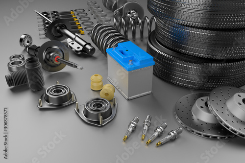 Auto parts spare parts car on the grey background. Set with many new items for shop or aftermarket. Auto parts for car. 3D rendering photo